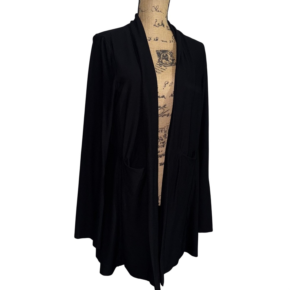 Eileen Fisher Long Line Black Jersey Knit Cardigan L Open Front Pockets Basic - Picture 2 of 10